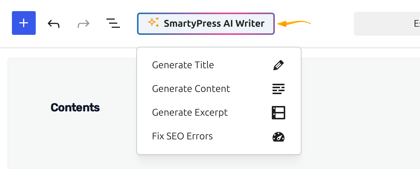 Выпадающее меню AI Writer в SmartyPress AI: генерация заголовка, контента, отрывка и исправление ошибок SEO