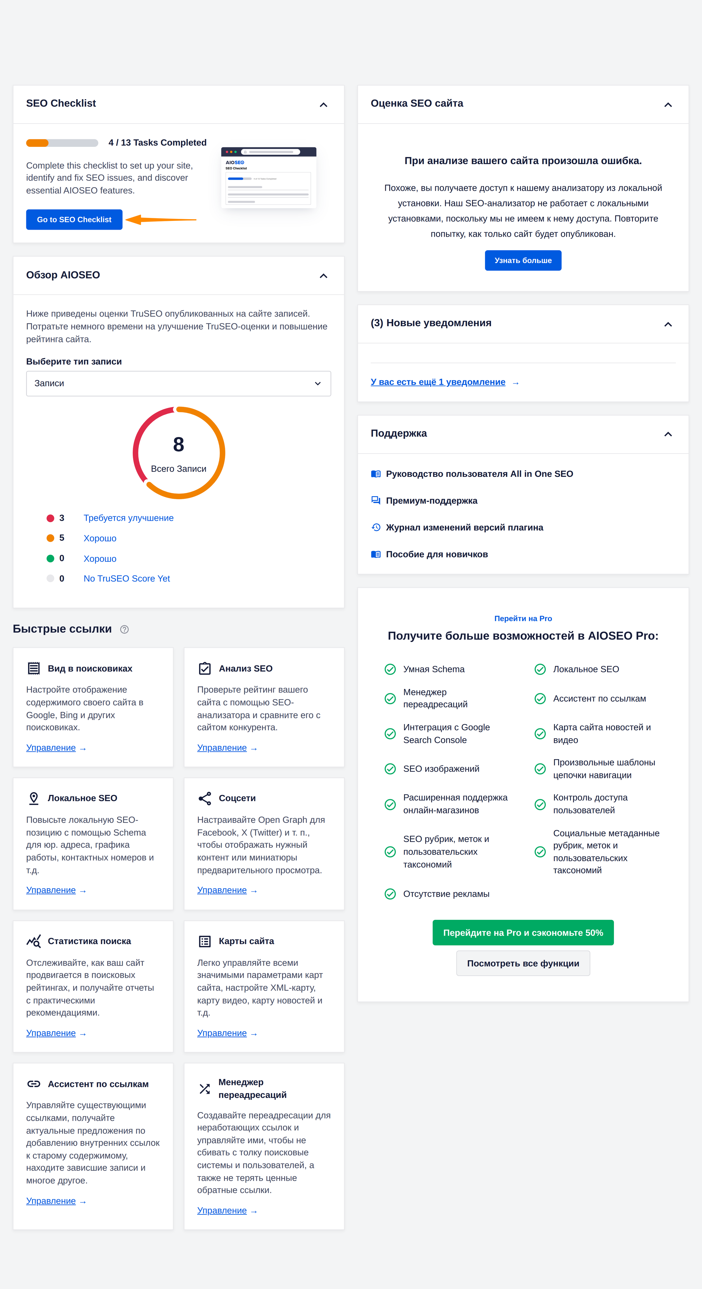 Панель управления All in One SEO после помощника настройки