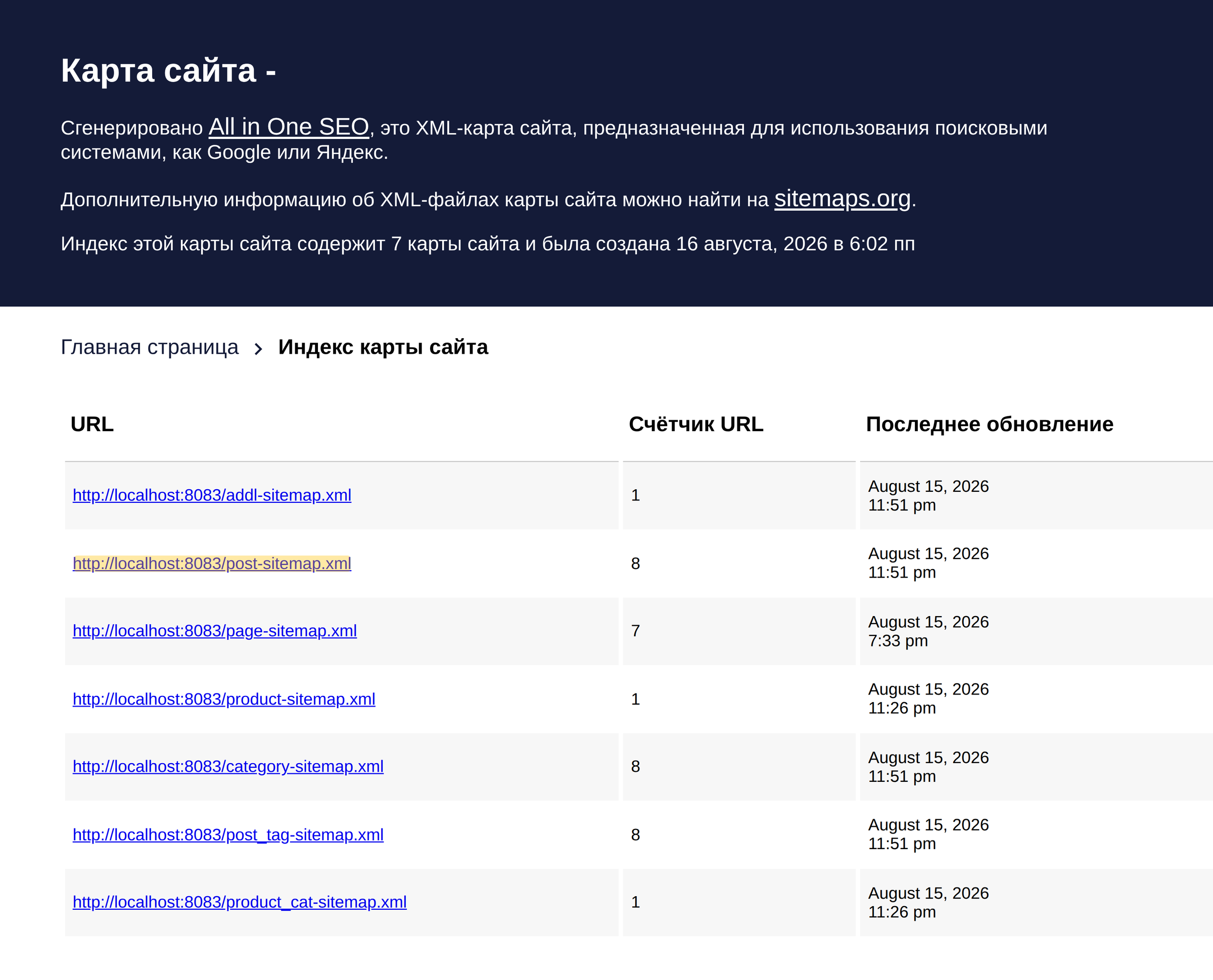 XML-индекс карты сайта All in One SEO в браузере