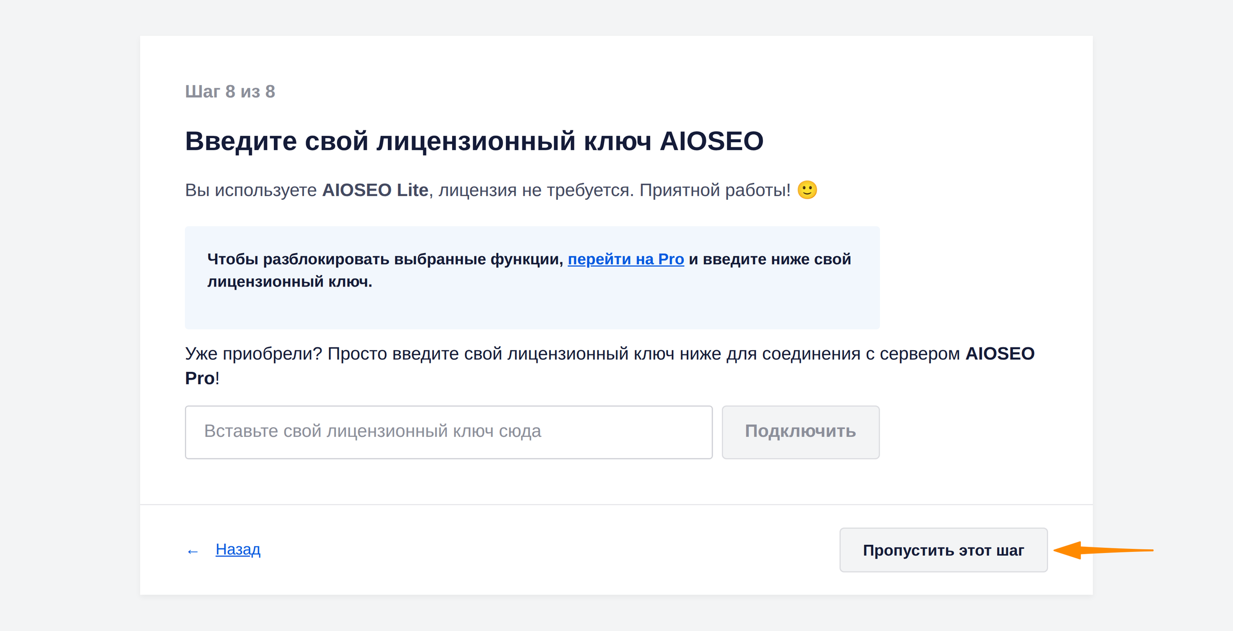 Шаг лицензионного ключа в помощнике настройки All in One SEO