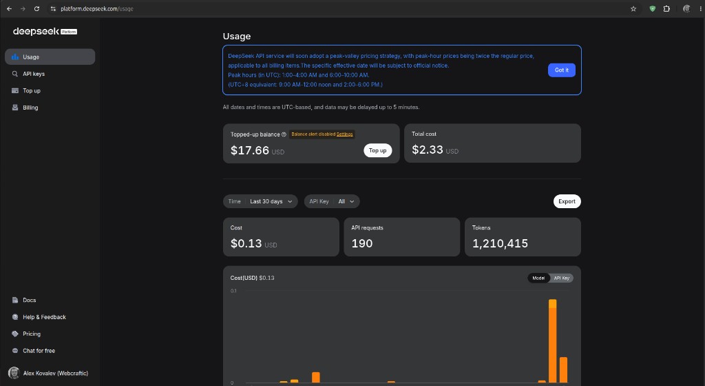 Боковая панель DeepSeek Platform с пунктом меню API keys