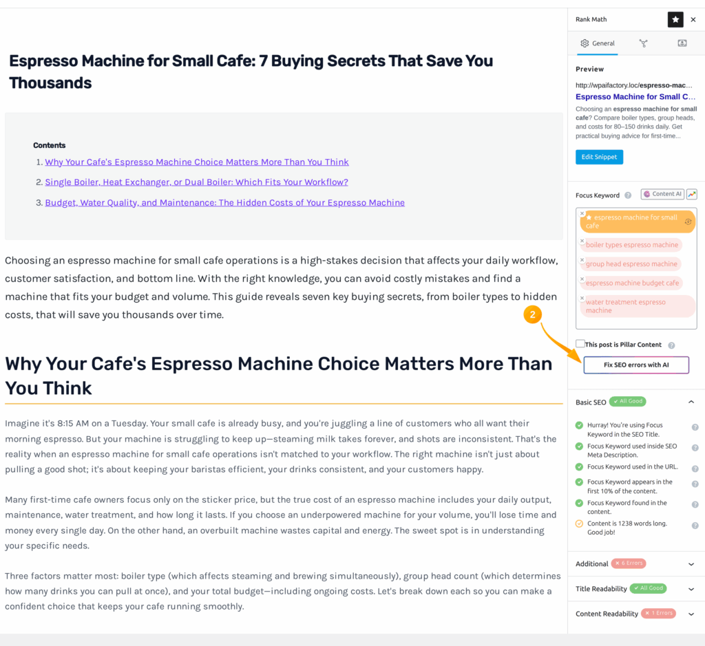 Кнопка Fix SEO errors with AI в панели Rank Math боковой колонки Gutenberg