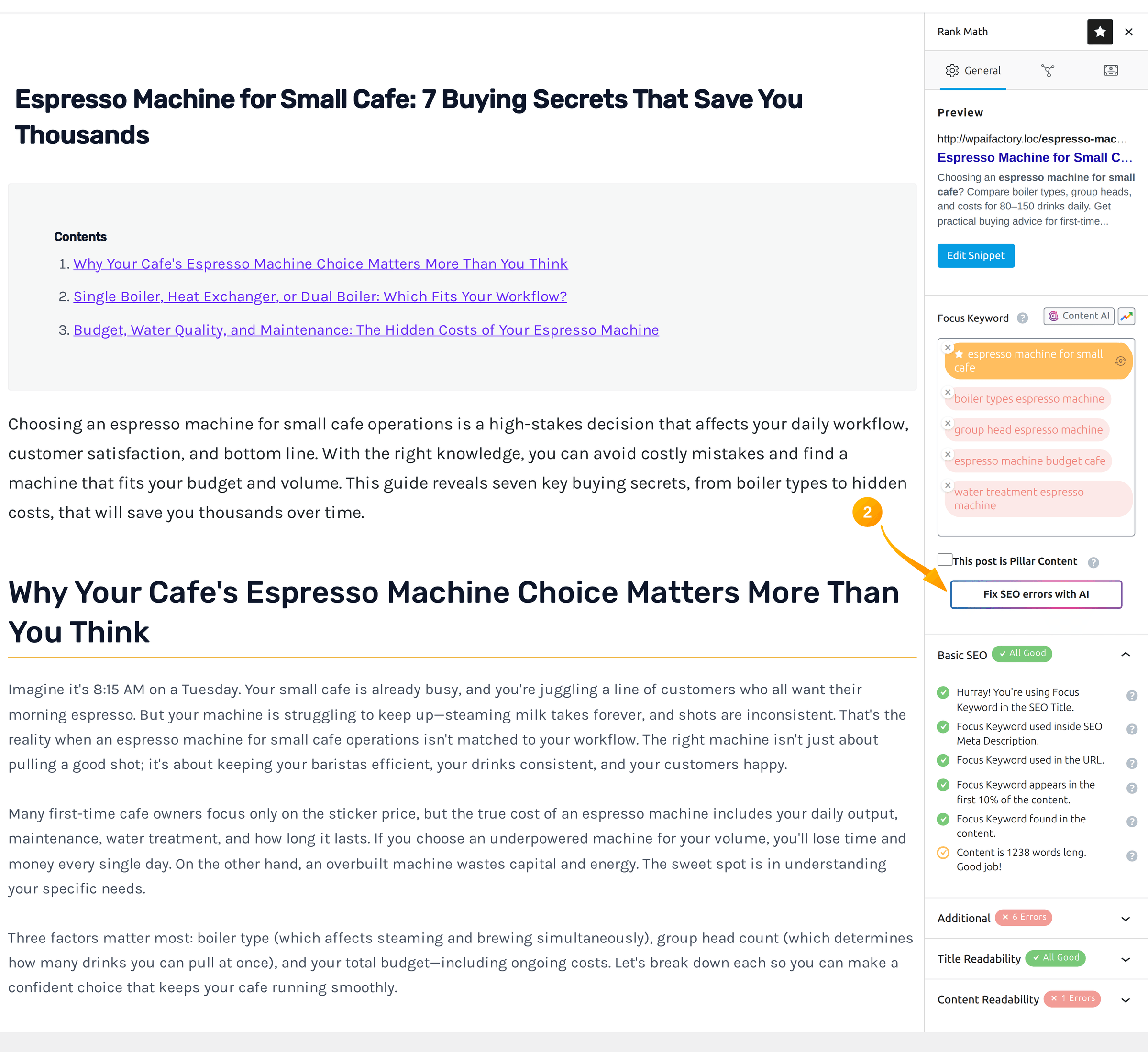 Кнопка Fix SEO errors with AI в панели Rank Math боковой колонки Gutenberg