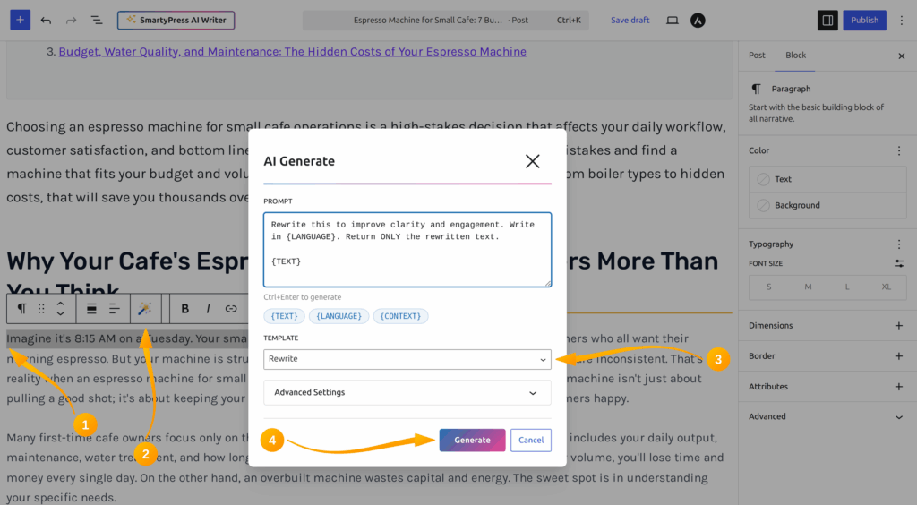 Иконка волшебной палочки в панели блока Gutenberg с открытым диалогом AI Generate