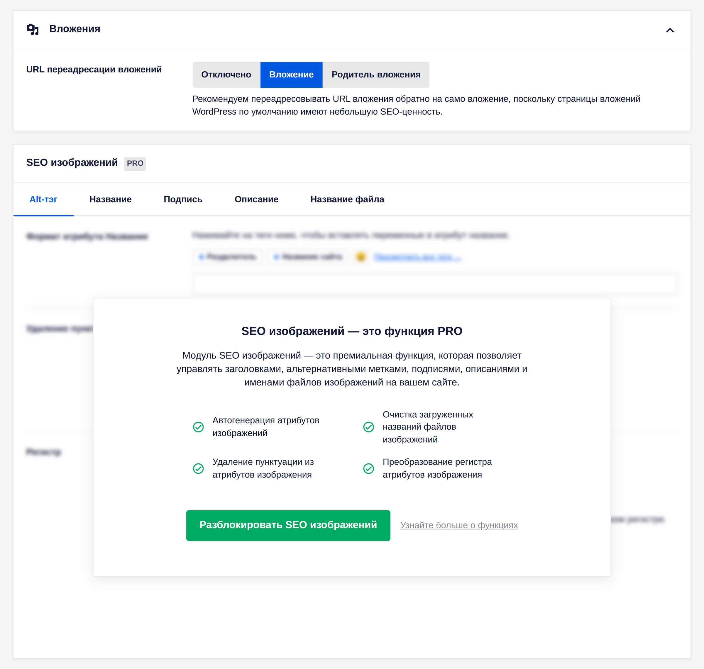 Вкладка медиа для страниц вложений в виде в поисковиках All in One SEO