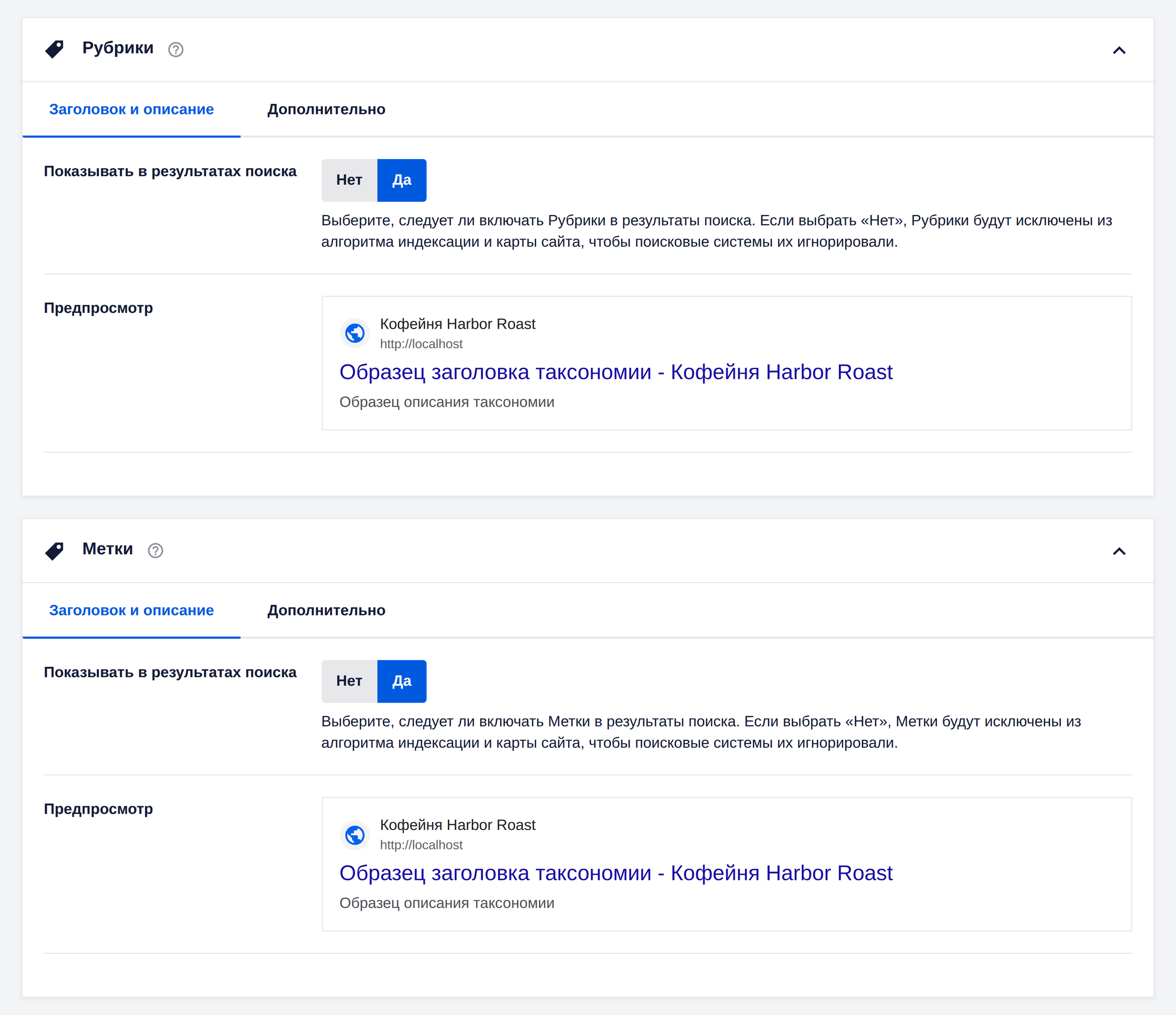 Вкладка таксономий для рубрик и меток в виде в поисковиках All in One SEO