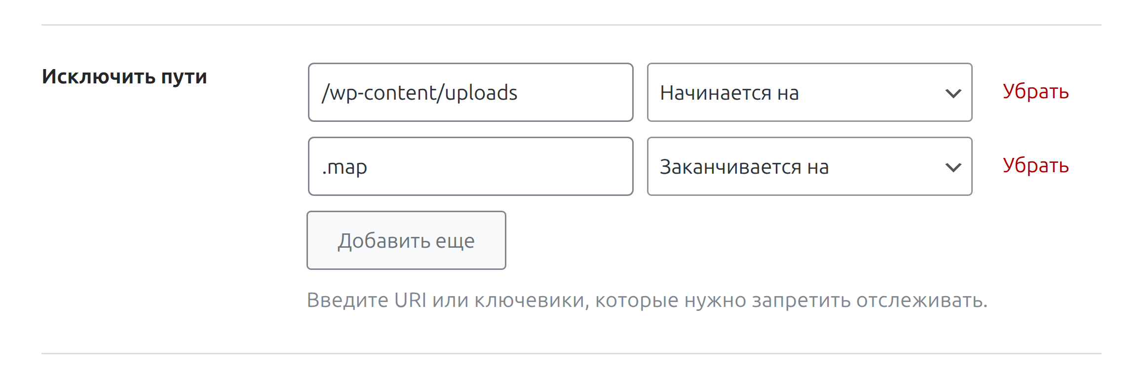 Блок «Исключить пути» на вкладке «Мониторинг 404» Rank Math
