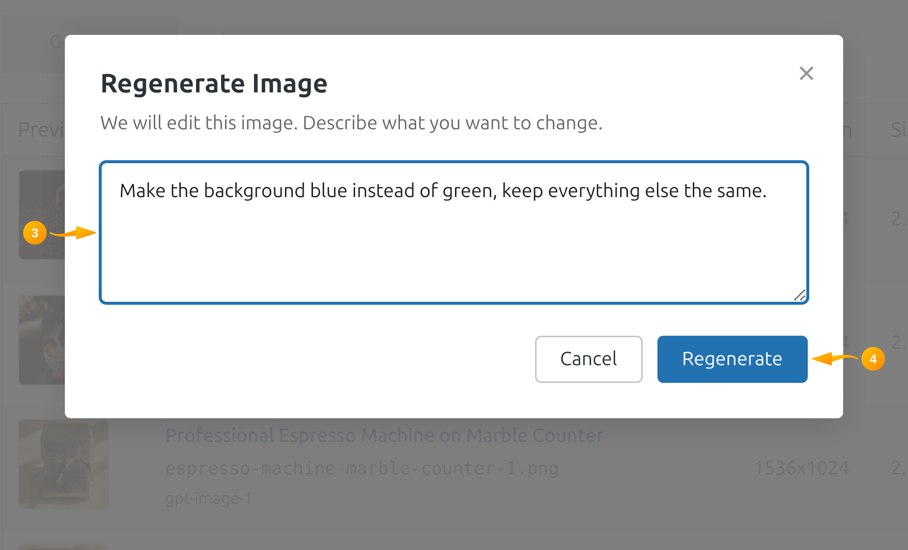 Модальное окно Regenerate Image в SmartyPress AI с полем корректирующего промпта