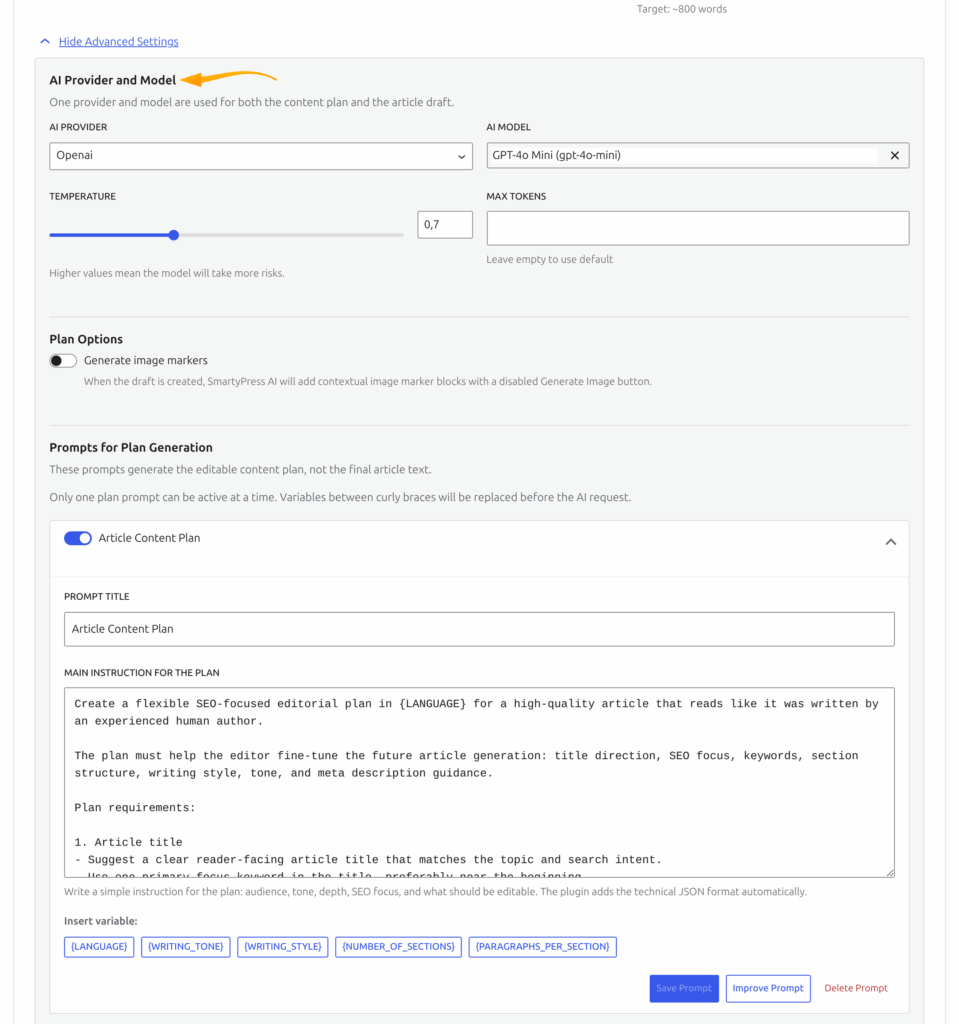 Панель Advanced Settings в SmartyPress AI: провайдер, модель и промпты плана