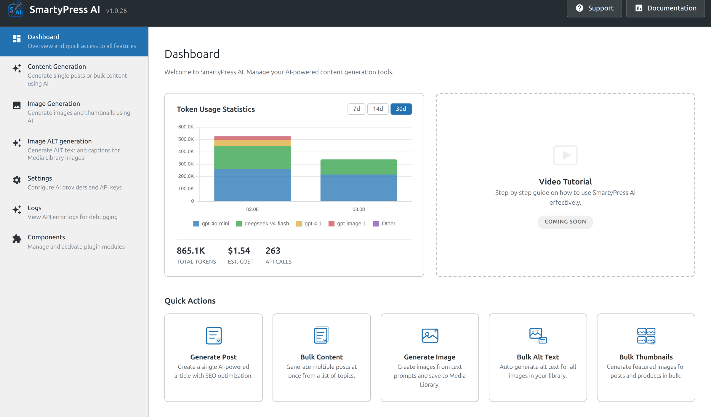 Консоль SmartyPress AI в админке WordPress с меню плагина и быстрыми действиями
