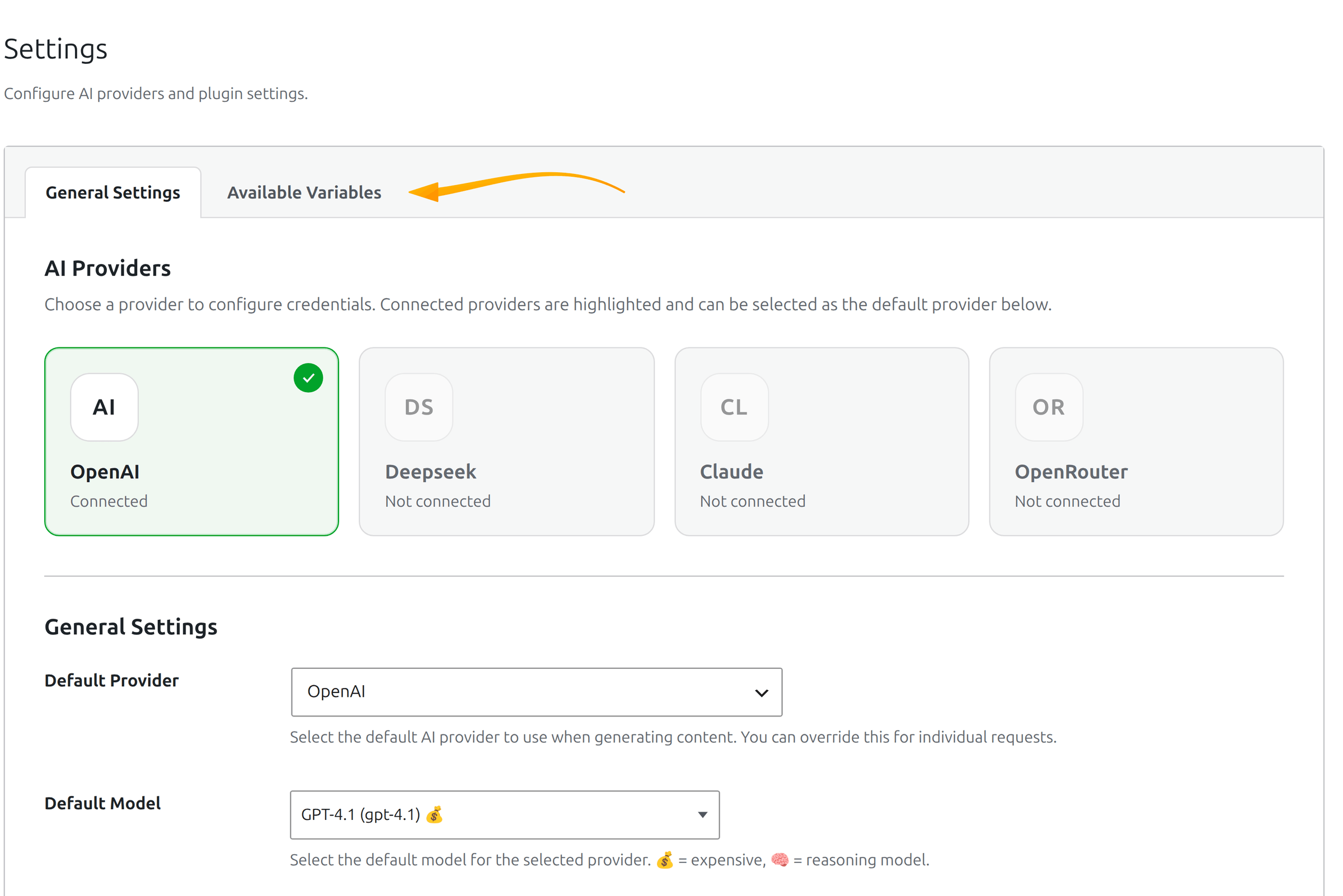 Страница настроек SmartyPress AI с карточками провайдеров и общими настройками ниже